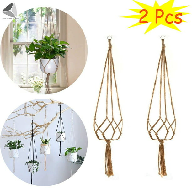 Country Style Flower Plant Rope Hanging Basket Flowerpot Wall Shelf_Grey